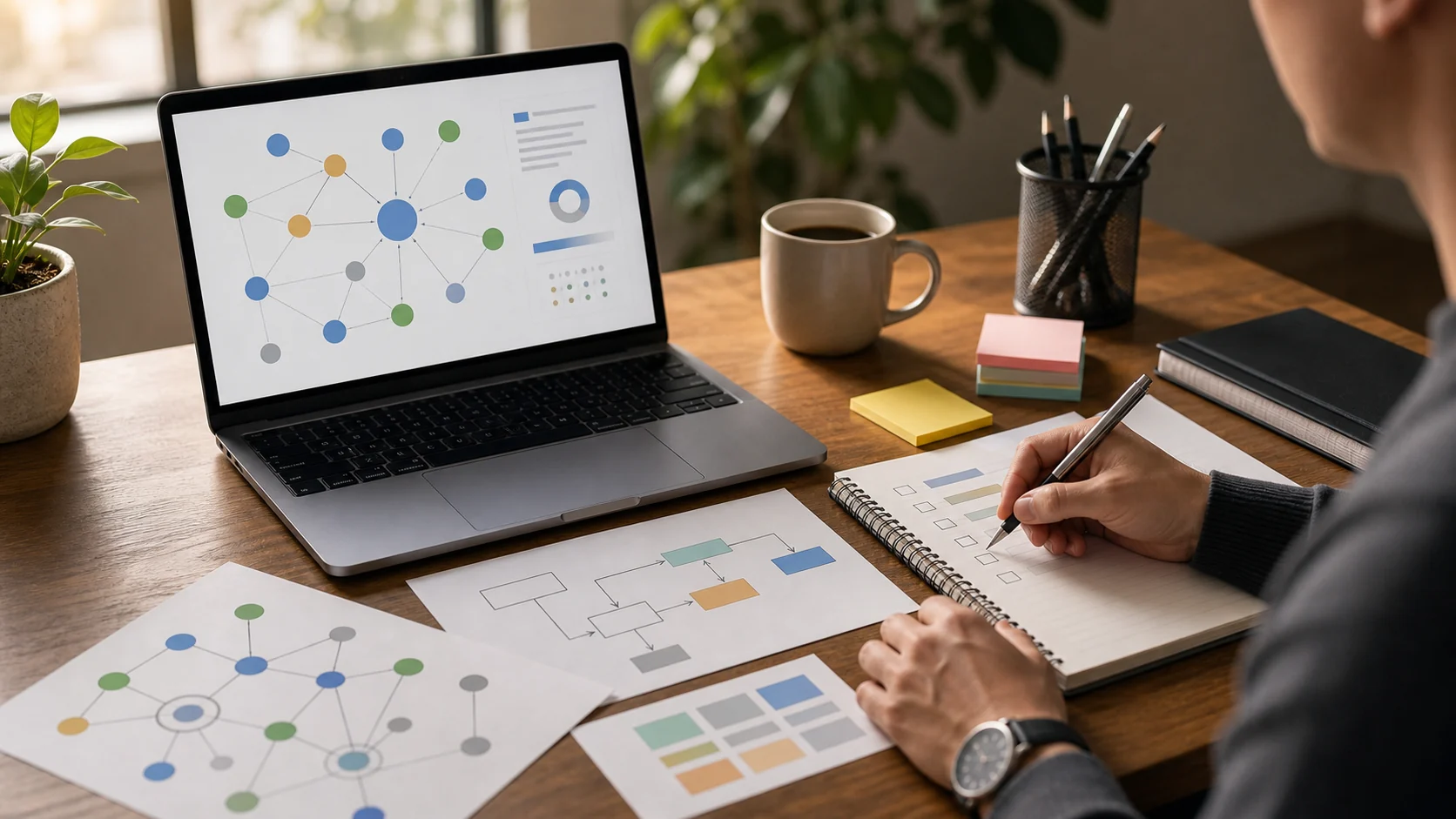 Link building - jak budować linki bezpiecznie i z sensem? Planowanie strategii link buildingu przy biurku z abstrakcyjną mapą połączeń między stronami.