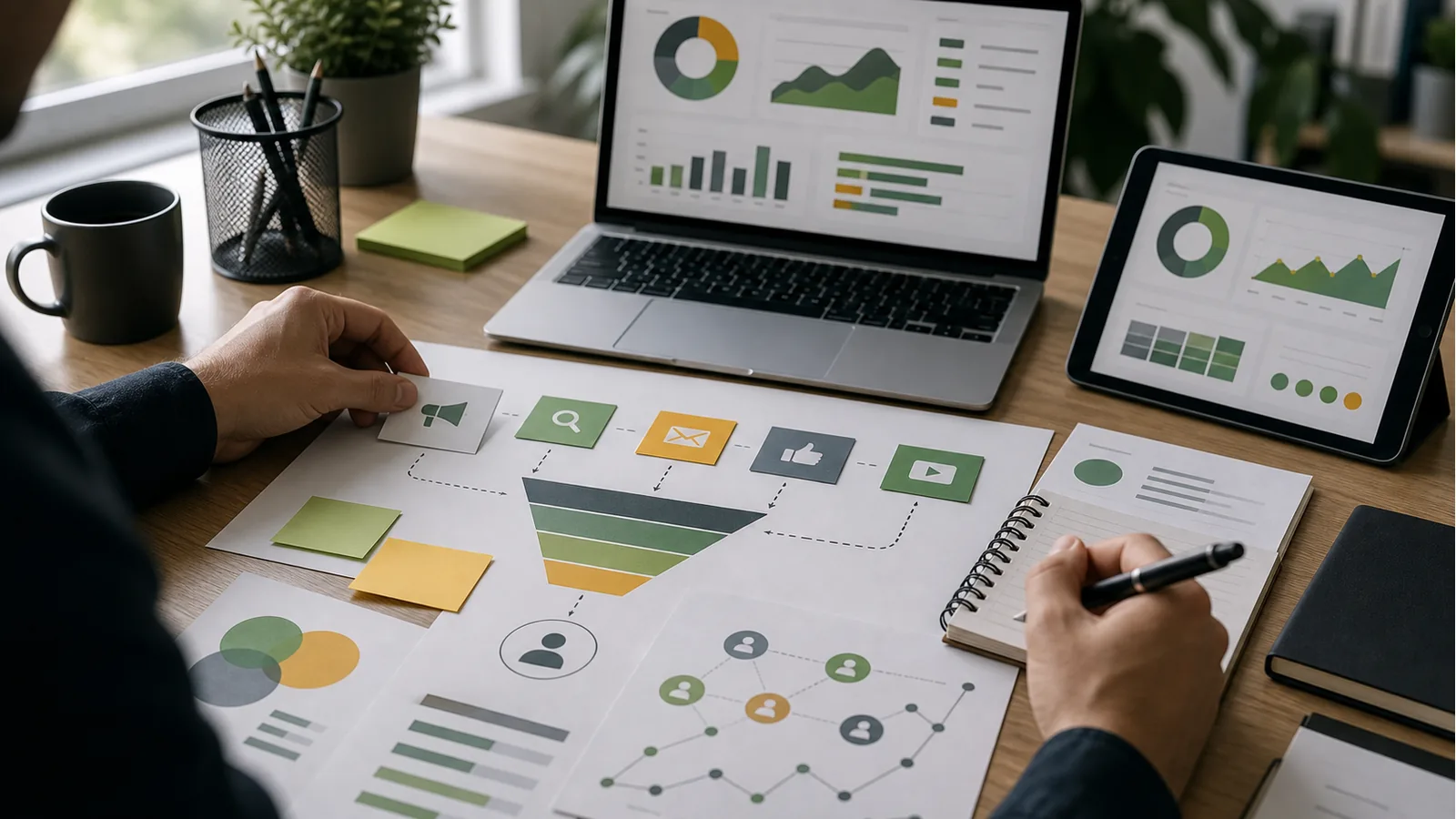 Planowanie strategii marketingu internetowego przy biurku z laptopem, analizą danych i schematem lejka.