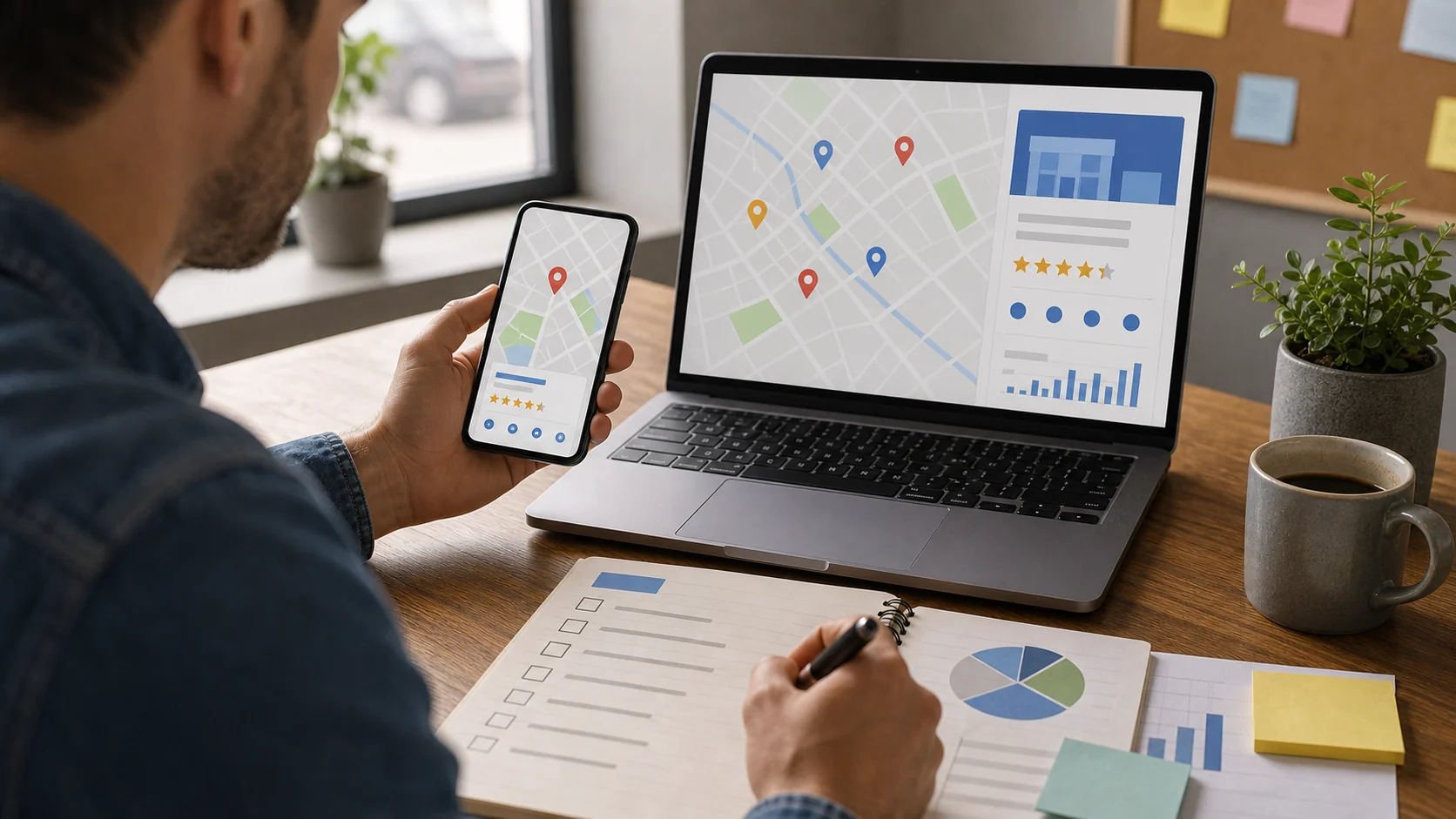 Planowanie pozycjonowania lokalnej firmy w Google Maps z abstrakcyjną mapą, opiniami i checklistą działań.