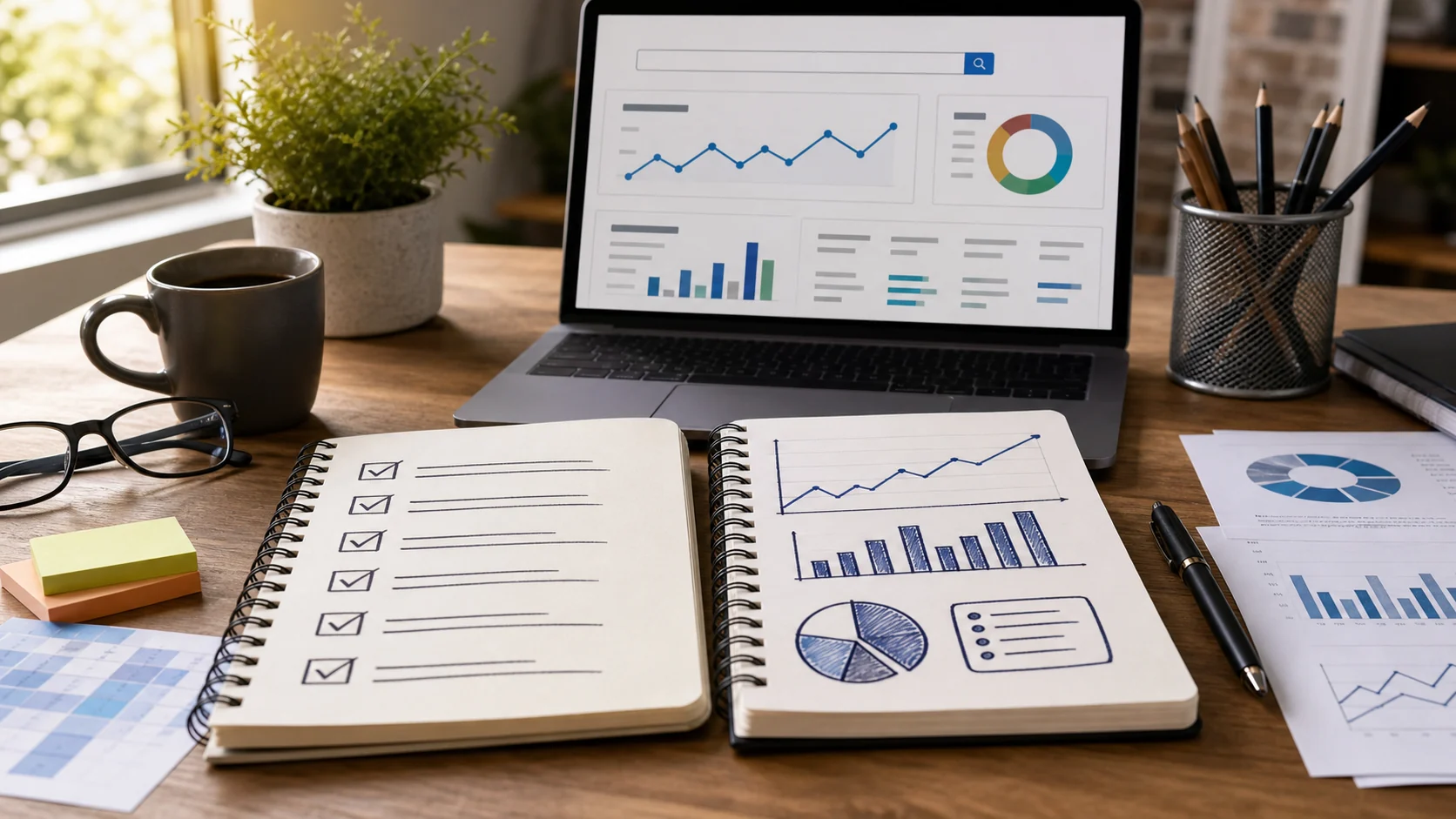 Porównanie starej checklisty SEO z nowoczesną analizą widoczności i danych organicznych.