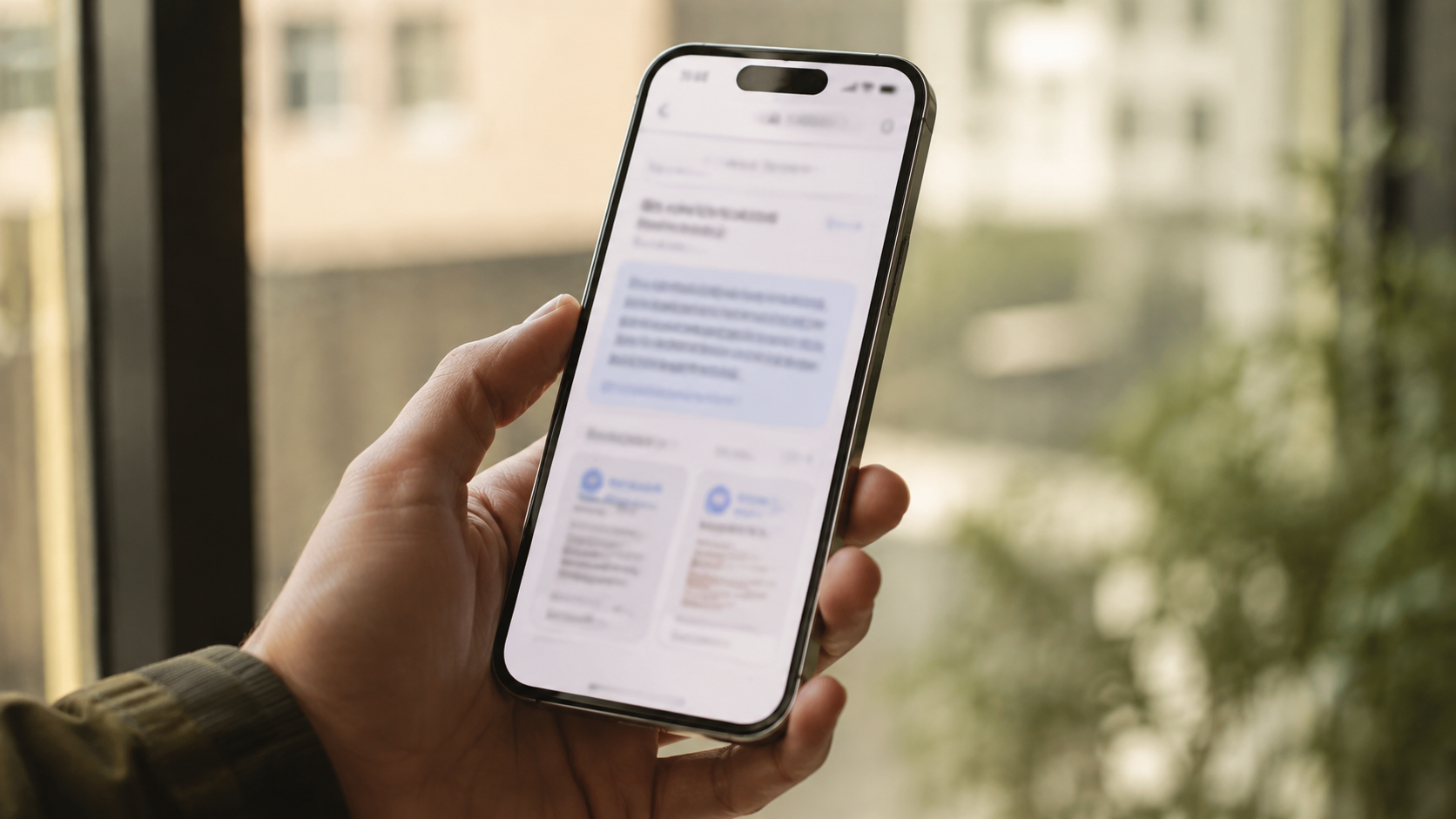 Dłoń trzymająca smartfon z ilustracyjnym widokiem odpowiedzi AI i kart źródeł.