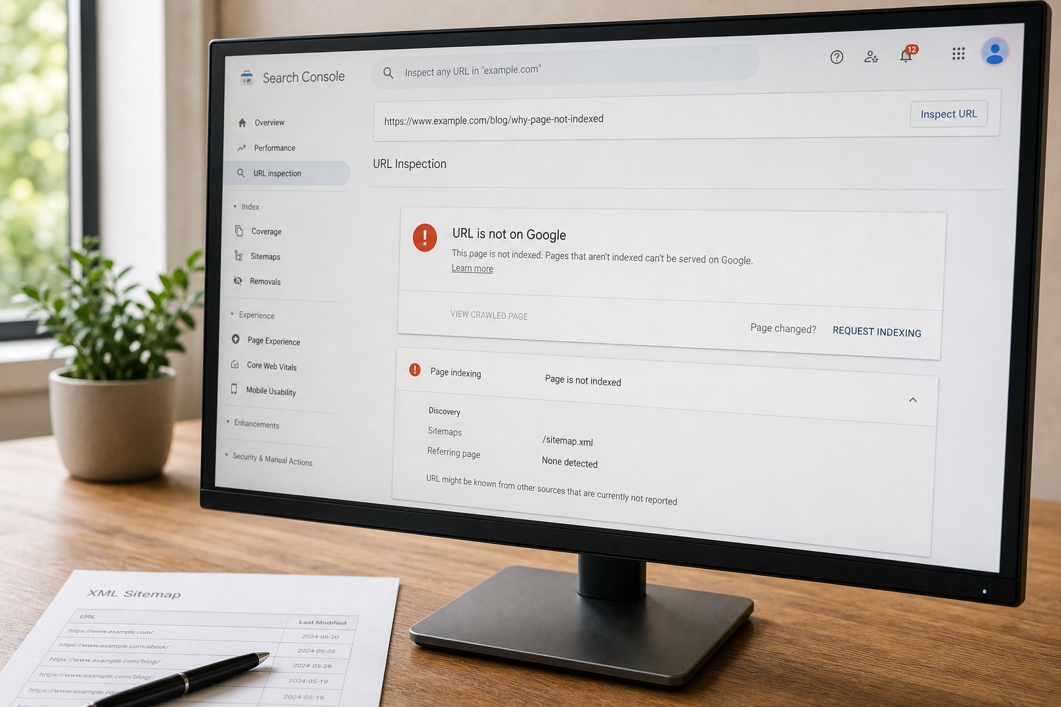Ekran Google Search Console z komunikatem, ze adres URL nie jest w indeksie Google