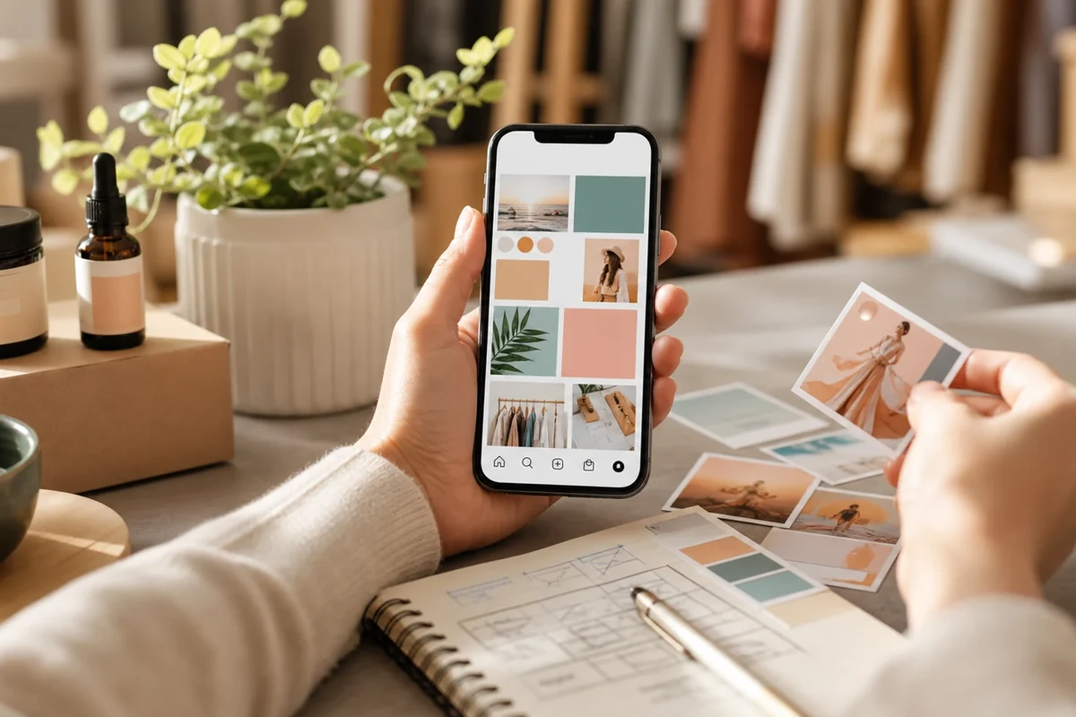 Instagram dla firmy: jak wykorzystać potencjał reklamowy? Planowanie firmowych treści na Instagramie przy biurku z telefonem, produktami i szkicem kampanii.
