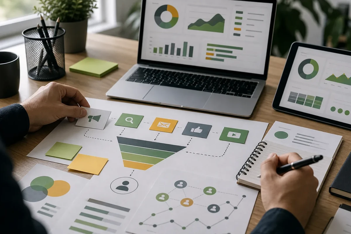 Planowanie strategii marketingu internetowego przy biurku z laptopem, analizą danych i schematem lejka.