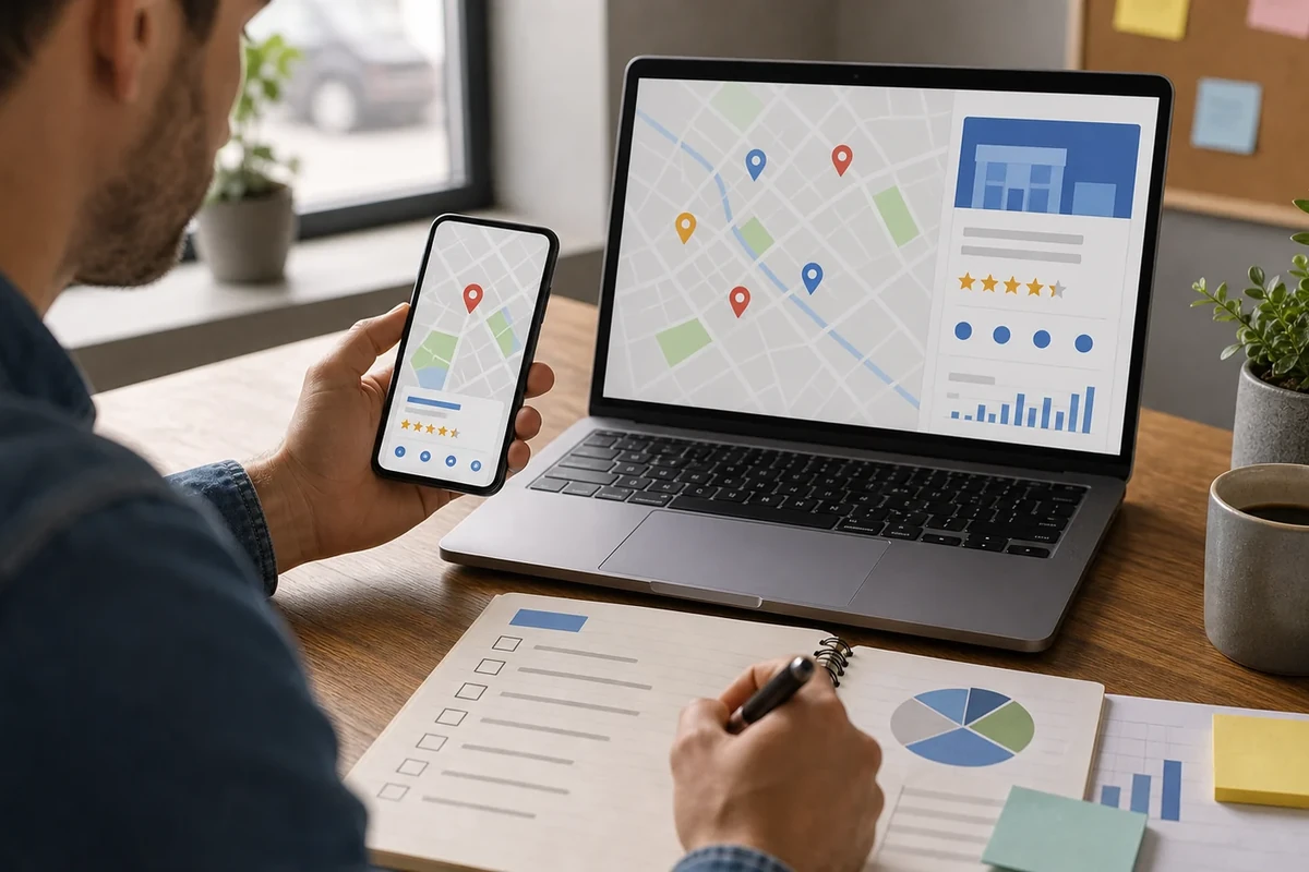 Pozycjonowanie w Google Maps: jak zwiększyć widoczność lokalnej firmy? Planowanie pozycjonowania lokalnej firmy w Google Maps z abstrakcyjną mapą, opiniami i checklistą działań.