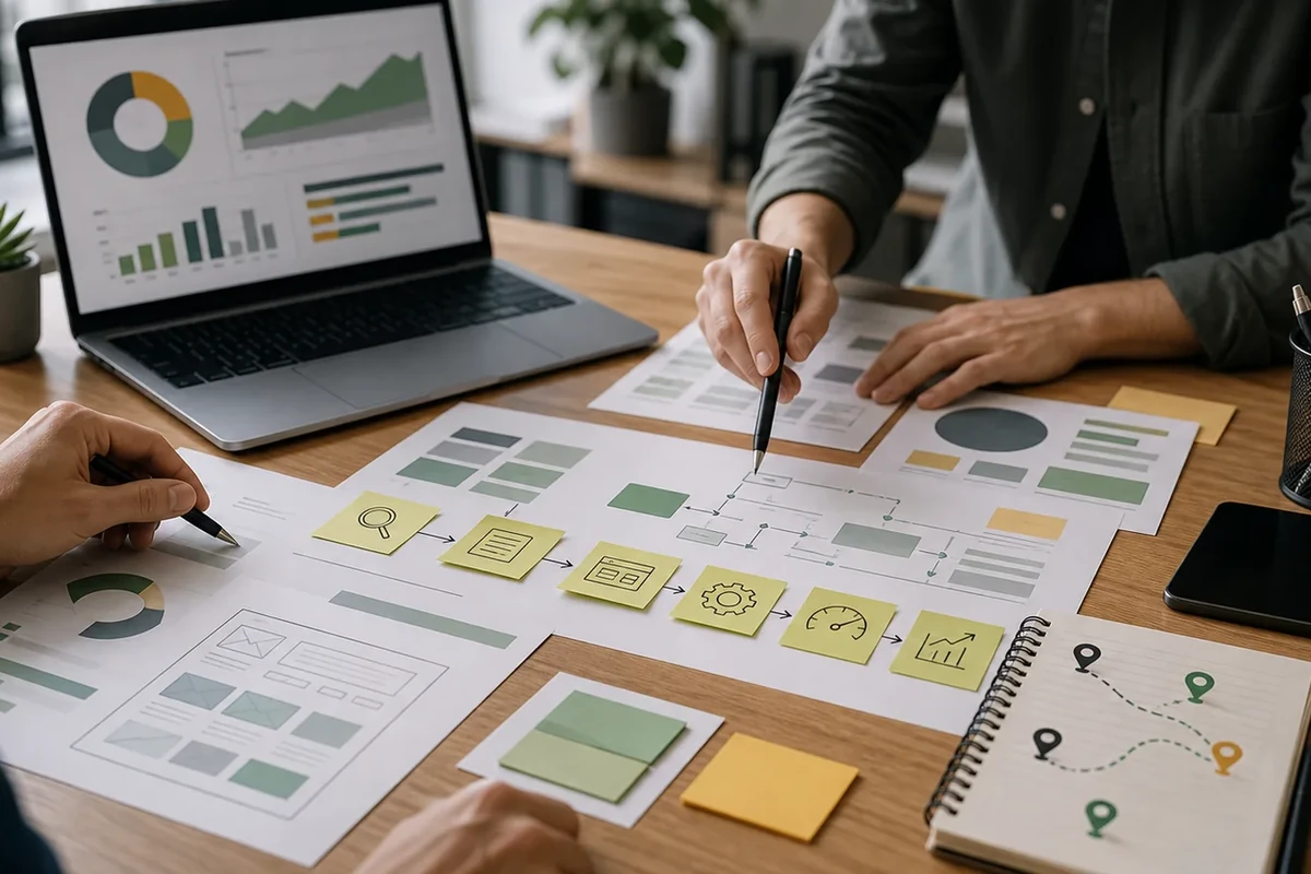 Strategia SEO: jak ułożyć plan, który pracuje na wyniki? Planowanie strategii SEO przy biurku z laptopem, mapą działań, wykresami i notatkami.